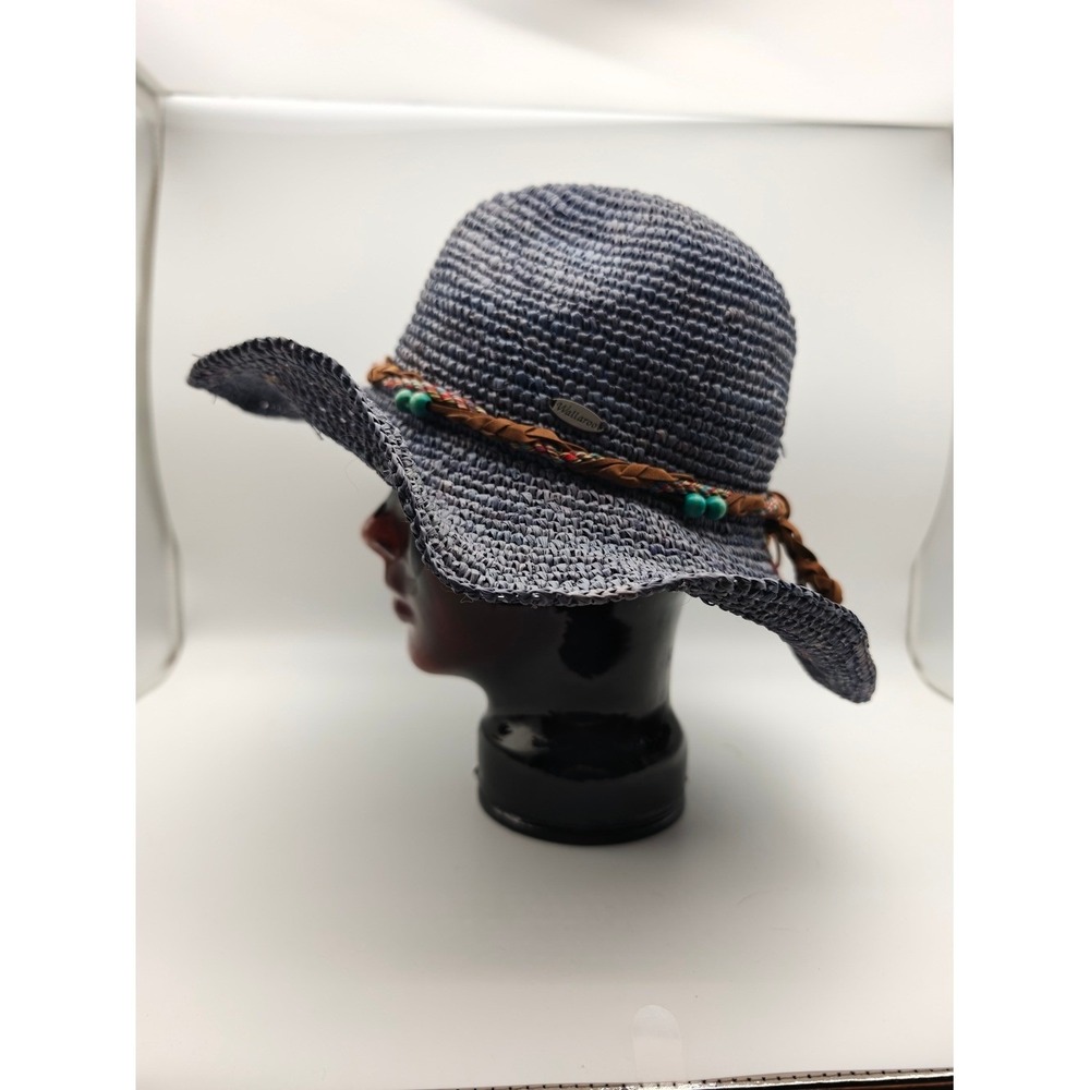 Wallaroo Catalina Cowboy Woven Raffia Blue Sun Hat Turquoise Beads Braided Band